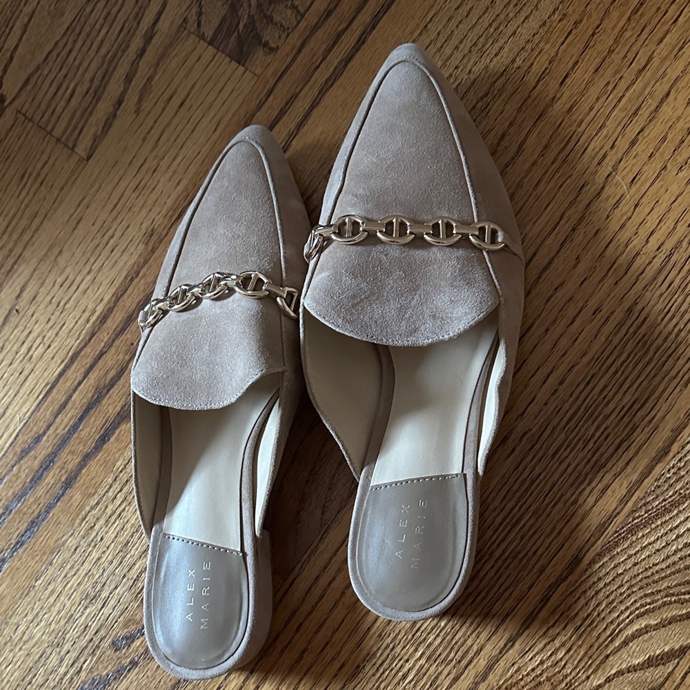 Alex Marie Taupe Suede Mules with Chain Accent